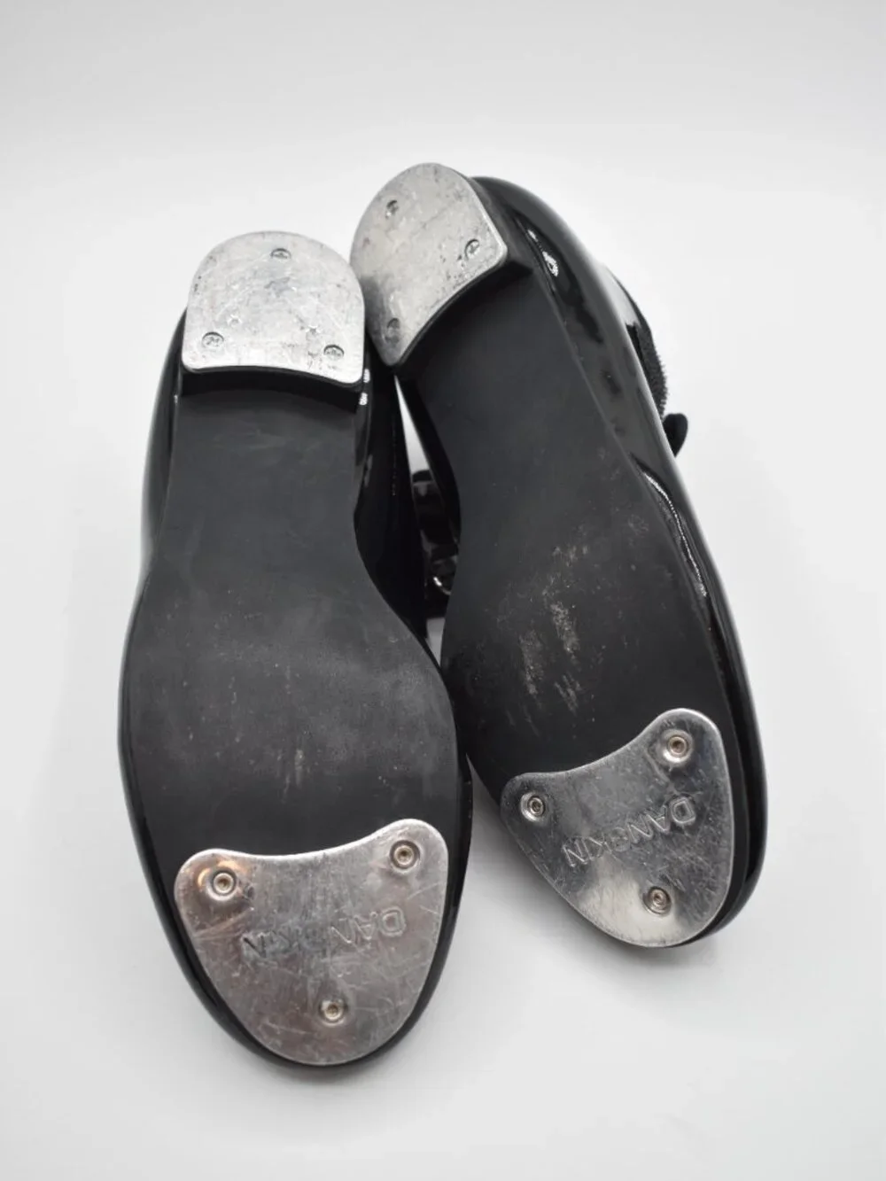 Danskin Girls Black Patent Tap Dance Shoes Size 1 Mary Jane Metal Toe Heel Taps